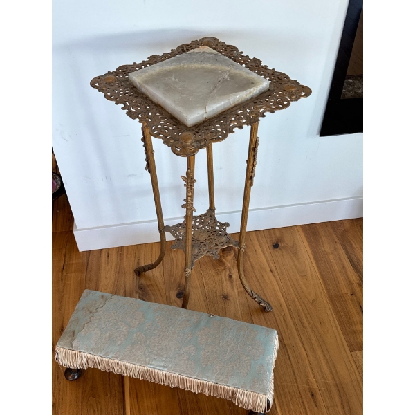 Art Nouveau Victorian Brass & Onyx Plant Stand 37T w/ Tasseled Foot Stool 
