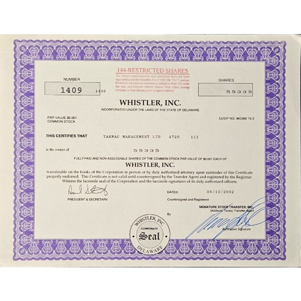 Vintage Stock Certificate (2002, Whistler Inc.) #1