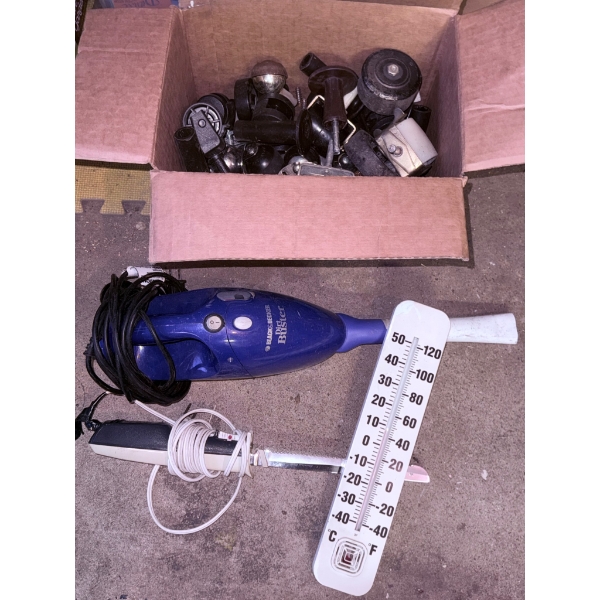 Utility Items Including Handheld Vacuum, Thermometer, Electric Knife, and Box of Casters