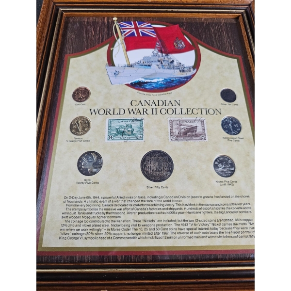  Canadian World War II Collection featuring historical coins and stamps. 10,25,50-Cent 80% Silver