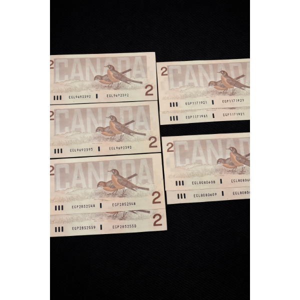 Collection Canadian 1986 2$ Notes Consecutive 3 Sets And  2 Birth Years 1983,1921 CRISP