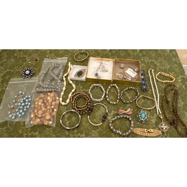Costume Jewelry Collection #5 - Necklaces, Silver/Gold Colored Bracelets,  Broaches, Faux Pearls 