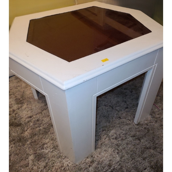 Painted Hexagon Side Table w/ Glass Top 26 W, 22 D, 19 T 