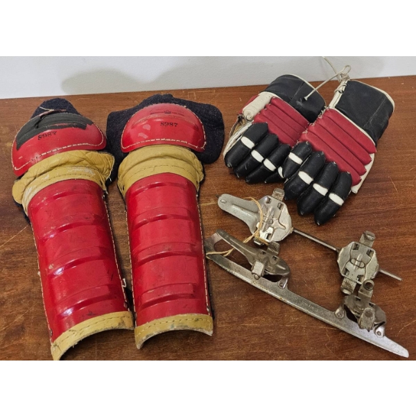 Vintage Hockey Gear Set with Shin Guards, Gloves, and Ice Skate Blades
