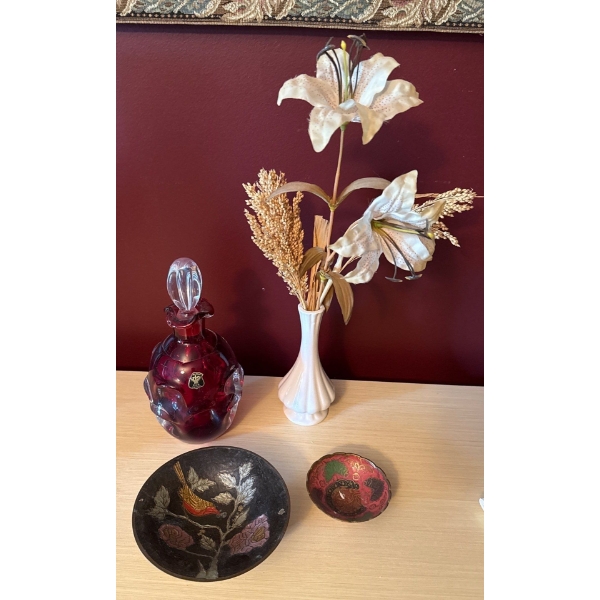 Golden Crown Red Glass Decanter w/ Decorative Brass Plates, White Milk Vase 