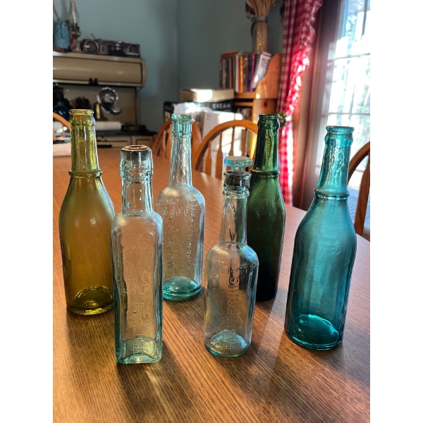 antique bottles HP sauce WORCESTERESHIRE sauce Patterson sauce, and 3 more antique green coloured ha