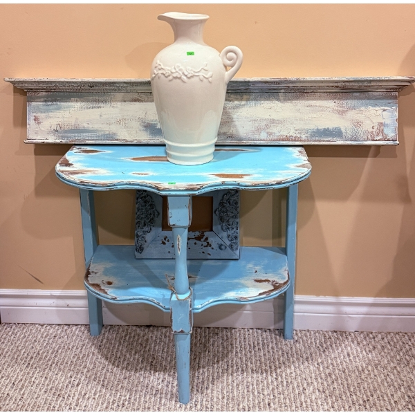 Ceramic Pitcher, Distressed Blue Shelf, Frame, and Wall Shelf