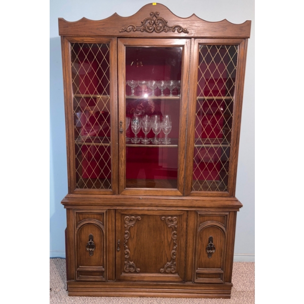 Dark Wood China Cabinet w/Cool Design on Glass Doors  Wine Glasses Included