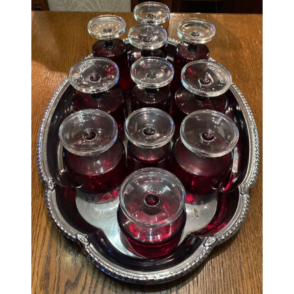 Vintage Ruby Red Cordial Stemware Collection By Luminarc w/ Silver Serving Tray