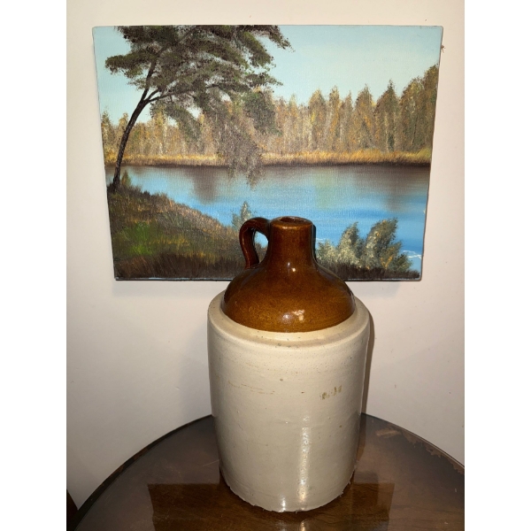 Antique Crock w/ Summer Landscape Oil On Canvas Painting 18L
