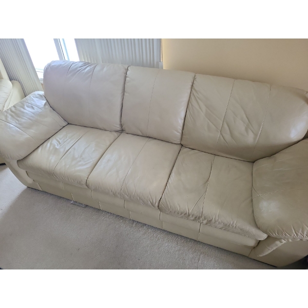 Ivory 3 Seater Leather Couch 88 w, 33 h, 34 d