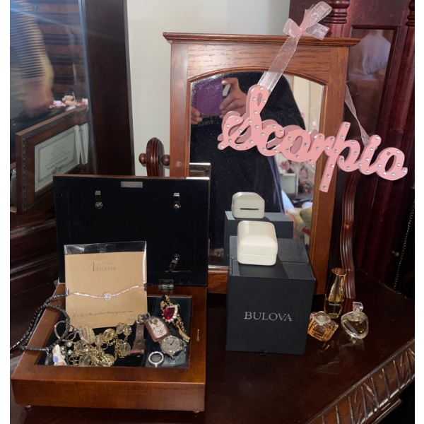 Beautiful Wood Jewelery Boxes w/ Contents & Assorted Mini Perfume Bottles