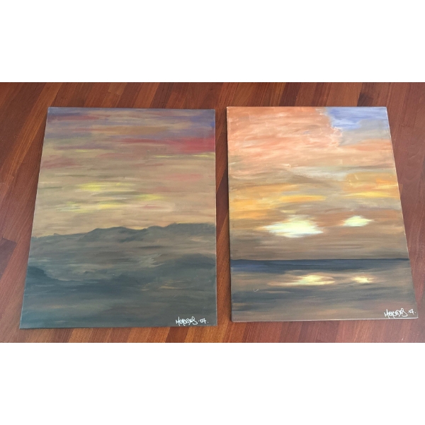 Two Paintings on Canvas of sun sets & sun rise/eclipse/sun & moon