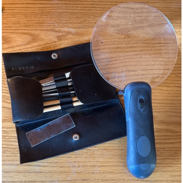 Large Magnifying Glass w/ Precision Tinker Set in Black Case w/ Snap Closure