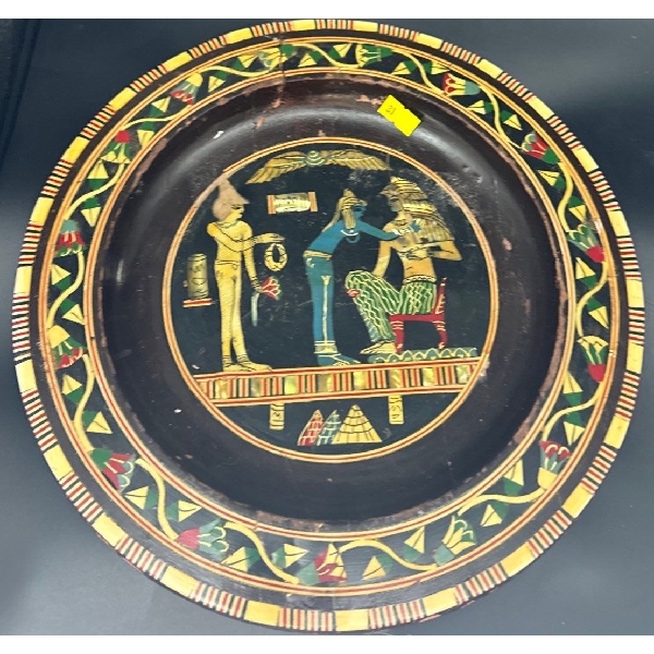 Egyptian Wooden Painted Plate with Mother of Pearl Inside, some pieces ripped off 