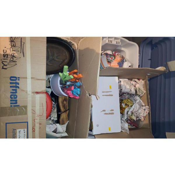 Box and Bin of Kitchenware: Cutlery Set, Enamel on Steel Cookware, Decor Brandy Glass 16 T and More!