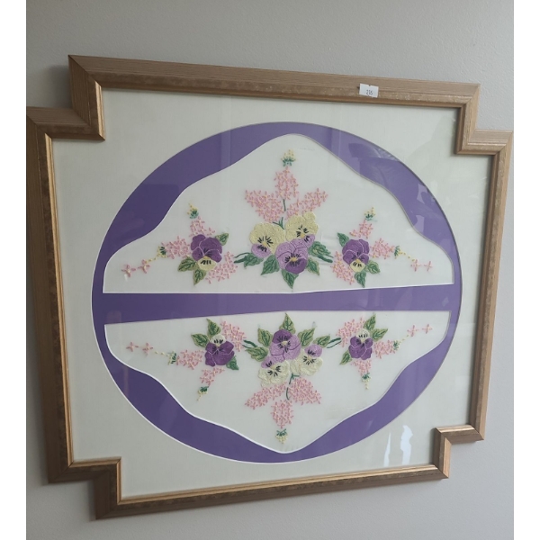 Framed Fine Stitching of Pansies 22 X 20