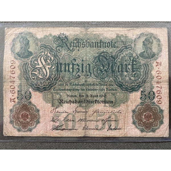 1914 German 50 Reichsmark Banknote with Ornate Design