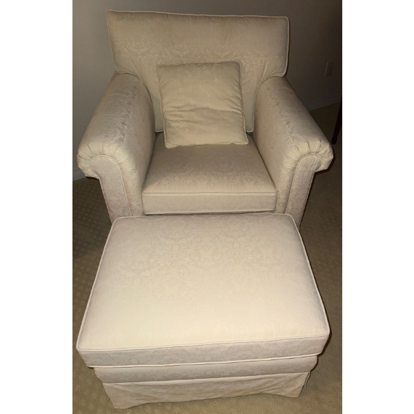 Tradiotional Style Skirted Club Chair in Nuetral Ivory Tone  33x33x34 w/ Ottoman 