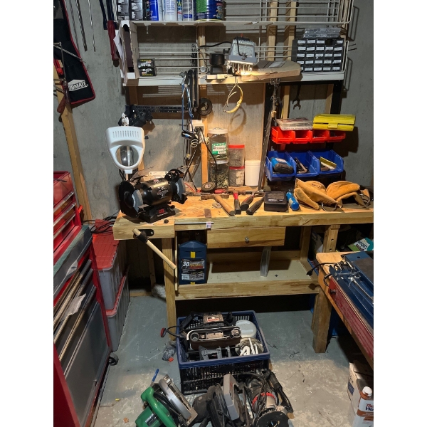 Skill Saws  grinding wheel workbench, all contents included, sander, and magnified light