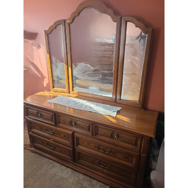 7 Drawer Dresser 67 W, 19 D, 32 T w/ Attached Mirror 53 W, 46 T