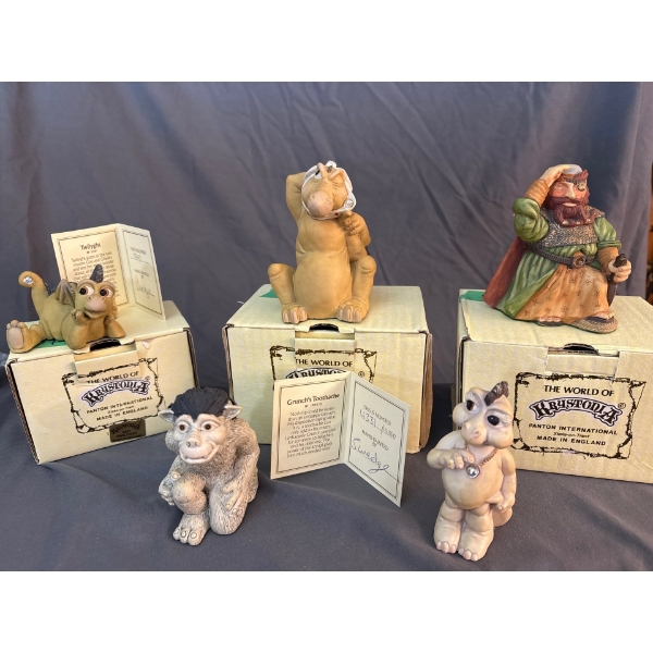 Krystonia Hand Painted Figurines, Made in England w/ Certificates, 5 Pieces - Largest ~4in Long 