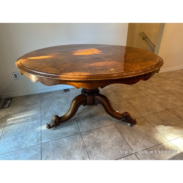 Art Nouvo Round Table 53Wx33.5T Burlwood Snailfoot Design
