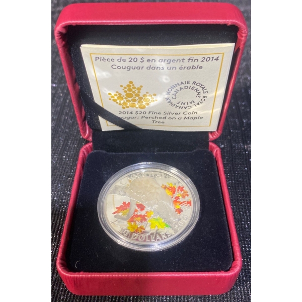 2014 $20 Cougar: Perched on a Maple Tree Fine Silver Coin 31.39 Grams