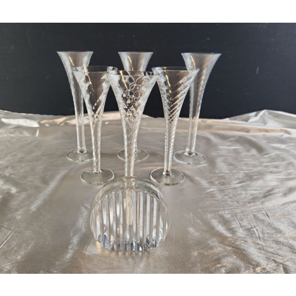 Glass Optic Swirl Champagne Flutes and Glass Candlestick/ Bud Holder