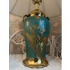 Image 3 :  Vintage porcelain table lamp in a robin egg blue color with brass hardware. Soft white shades .