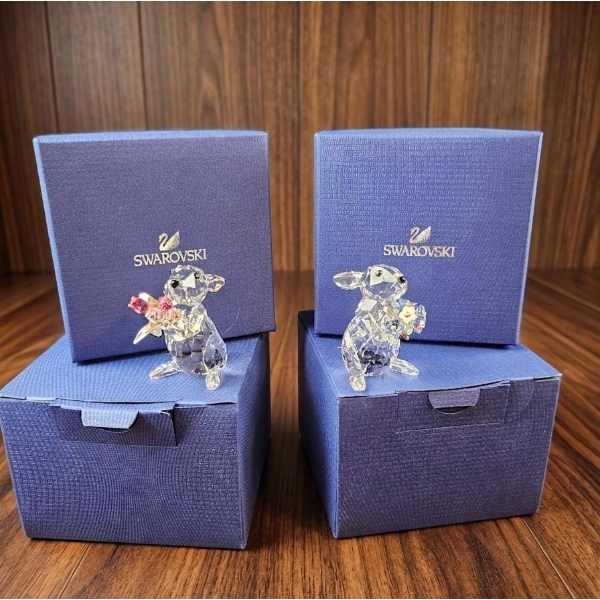 Swarovski Crystal Rabbit Figurines with Floral Accents (Set of 2) in Original Boxes