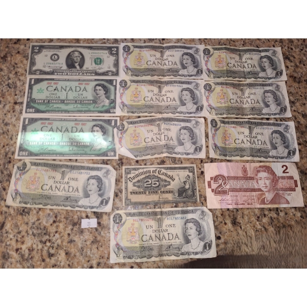 Canadian One Dollar X 10, American Two Dollar, Canadian Two Dollar, Dominion of Canada 25 Cents 