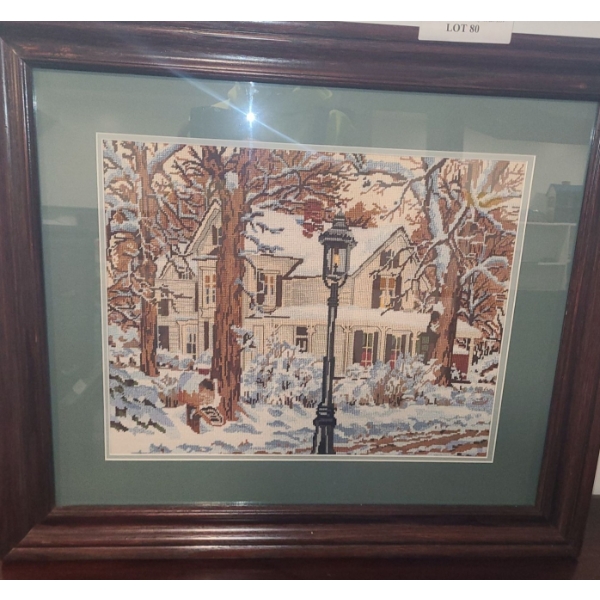 Framed Under Glass Needlepoint of Winter Home 30 1/2 w 26 h