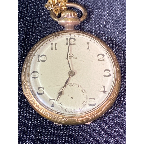 Omega Pocket Watch with Gold-Tone Case and Chain, Swiss Made