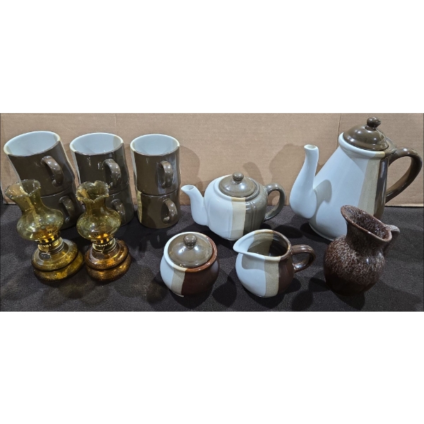 2 Mini Oil Lamps (H-4") + 10PC Tea Set + Brown Speckled Pottery Mini Jug