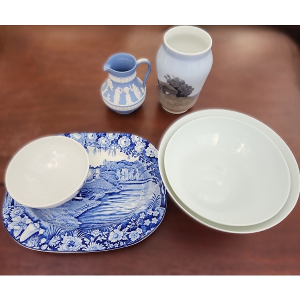 Wedgwood Pitcher 5 T, Royal Copenhagen Vase 7 T, Rosenthal Bowls 8.5" Top, 4 T/ 8", 3.5 T