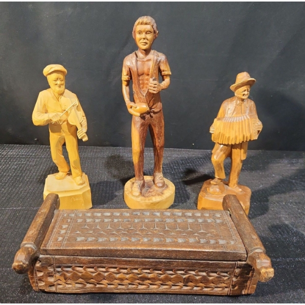 Caron Woodwork Wooden Sculptures, Tall Wooden Lad and Hand Carved Wooden Box