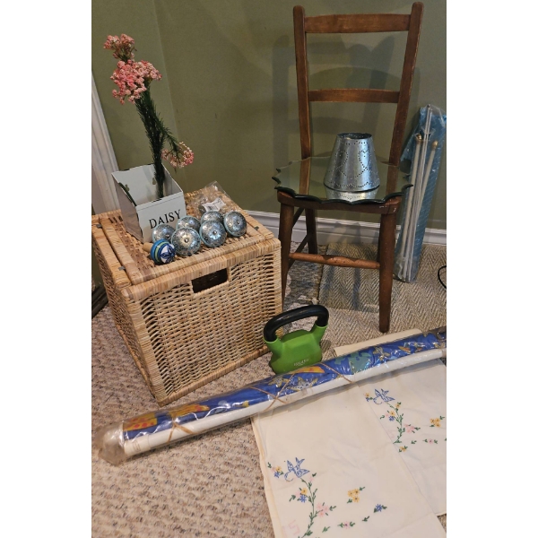 Household Decor Lot With Wicker Basket Chair Drawer Knobs and Embroidered Linens