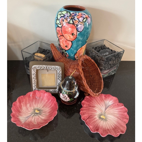 Vintage Mooncroft Vase, Woven Cornucopia Style Basket, Floral Shaped Dishes & Frame w/ Pear Collecti