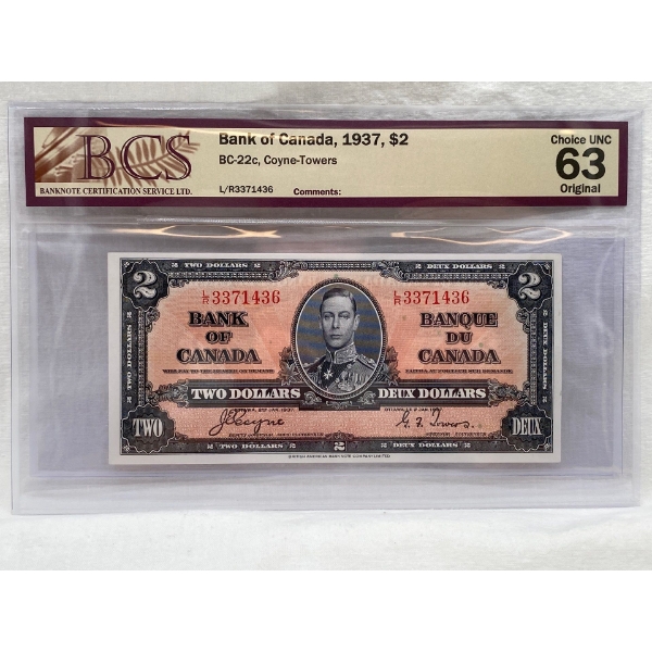 Graded Canadian 1937 $2 Choice UNC Prefix: L/R