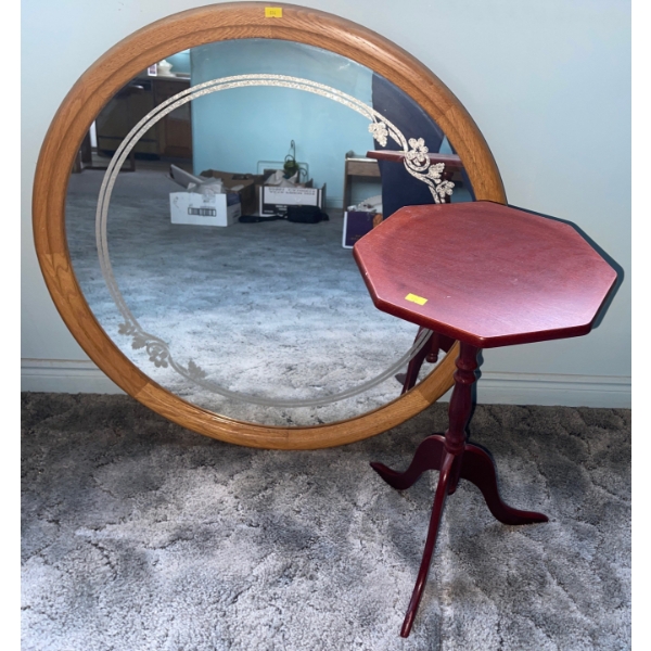 Round Mirror 40"diameter & Small Cherry Wood Side Table