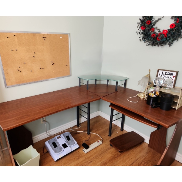 L Shaped Desk w/Glass Monitor Shelf 68 X 55, 36 T, Accessories-Tulip Lamp 13 T, Foot Massager, Chair