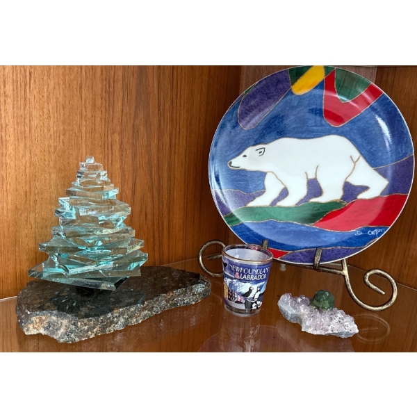 Green Glass Pine Tree Art Sculpture, Stacked, Lad Dec 2006, Jade Amethyst Bear,   Porcelain Plate