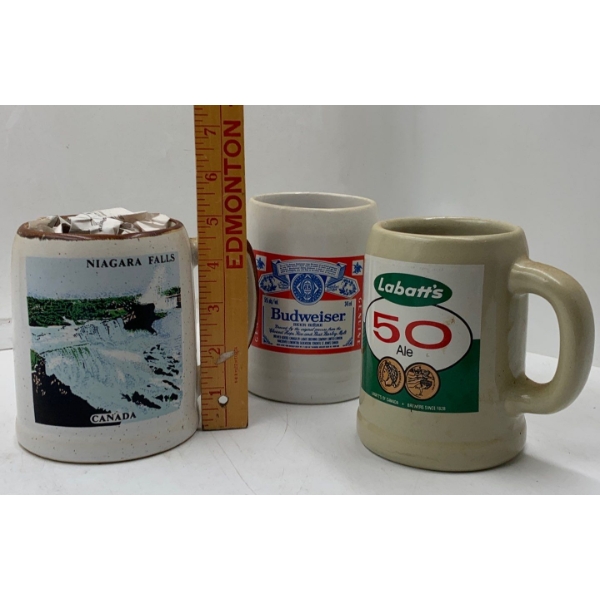 3 Mugs; Budweiser, Niagra Falls Canada, Labatt's