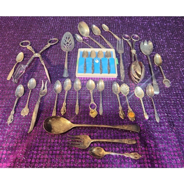 Collection of Lovely Silver Plated Utensils, Including Forest Flower Community Spoons