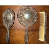 Image 2 : Vintage Silver Plated Vanity Set- Hand Mirror, Hair Brush, & Comb w/ Mirrored Tray  (16"x11"tall)