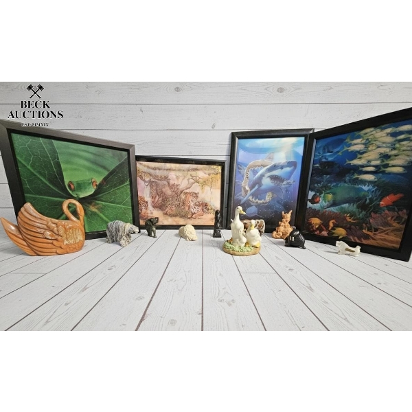  Collection Of Framed Animal Art Prints And Several Small Animal Figurines , Wild Life Decorative