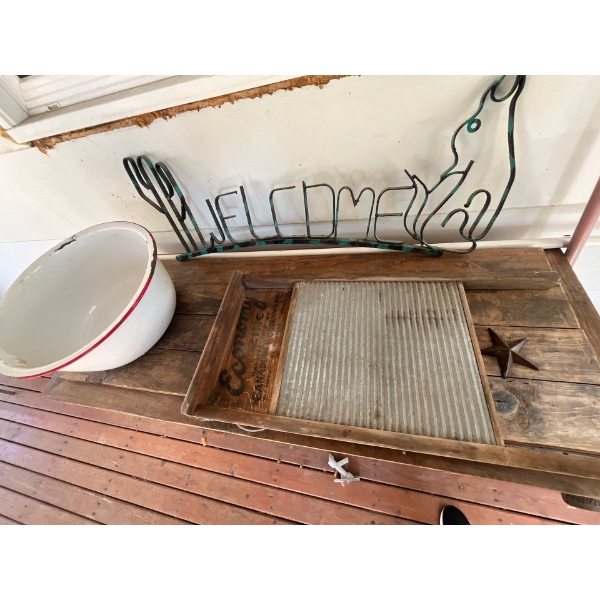 antique wash board with enamel wash basin and iron handmade welcome sign
