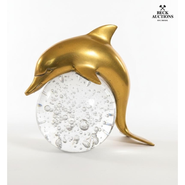 Solid Brass Dolphin Sculpture Paired With A Glass Orb. 