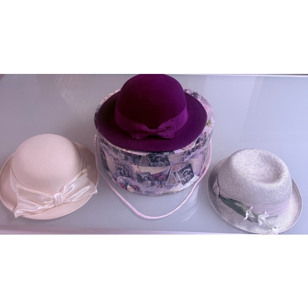 Three Women's Hats with Decorative Hat Box